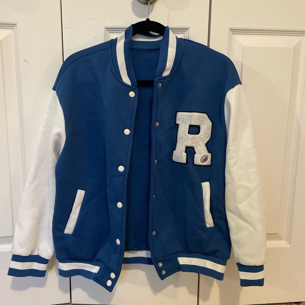 Blue and white variety theme style bomber jacket